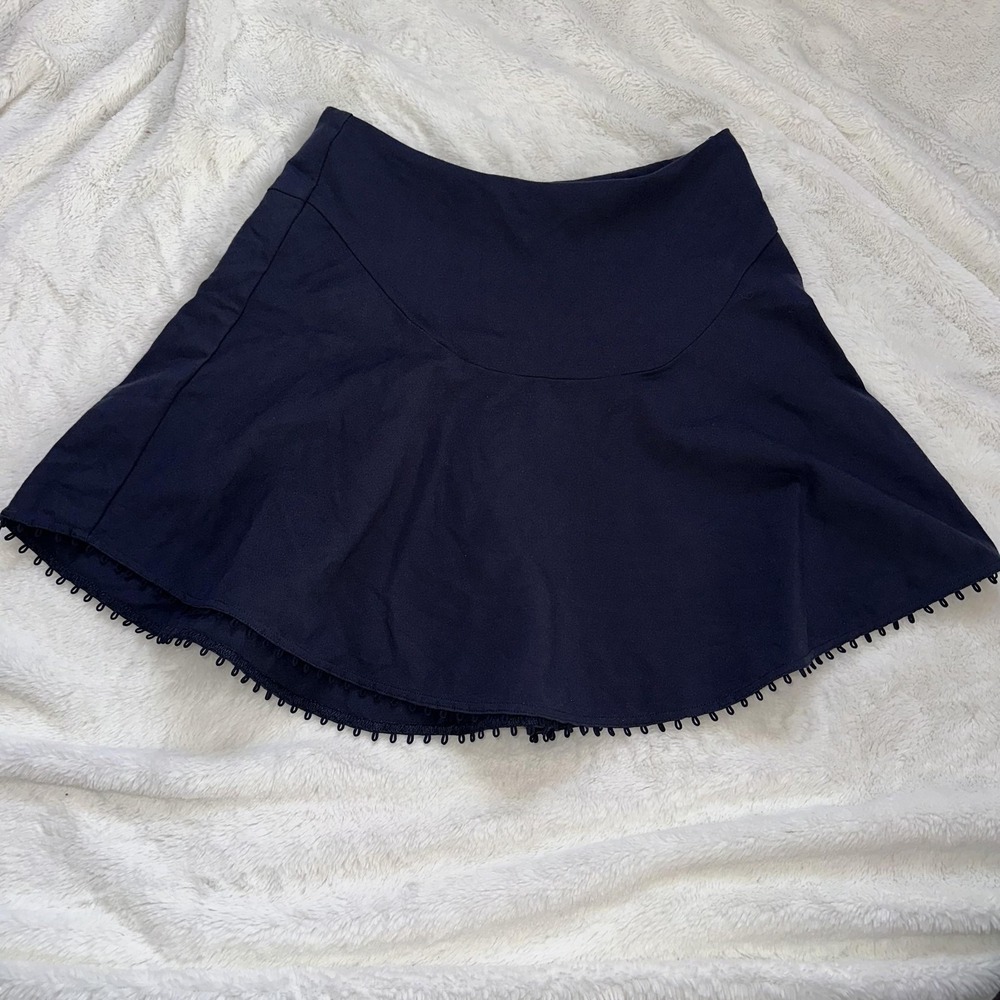 Finders Skirt Large Navy Blue A-Line Skater Mini Pom Pom Hemโ Exposed Zip